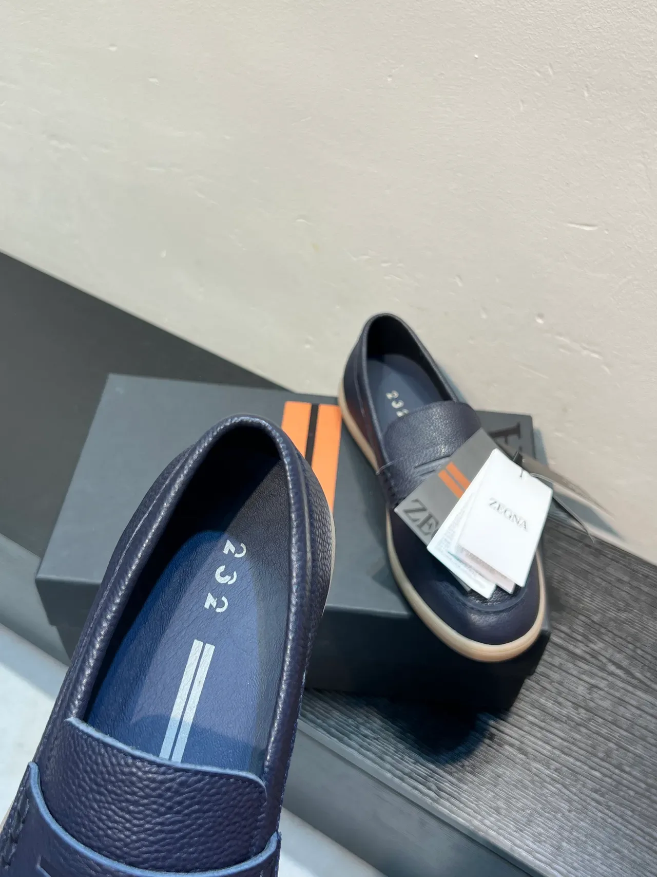 Zegna Navy Beige Pebbled Leather Penny Strap Loafer 7