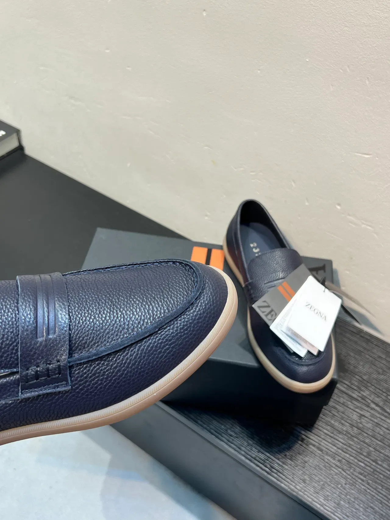 Zegna Navy Beige Pebbled Leather Penny Strap Loafer 8