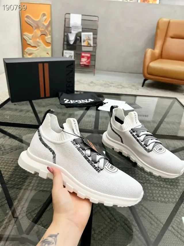 Zegna Oasi White Gray Knit Sock-Fit Upper Integrated Lace System Lifestyle Sneakers 5