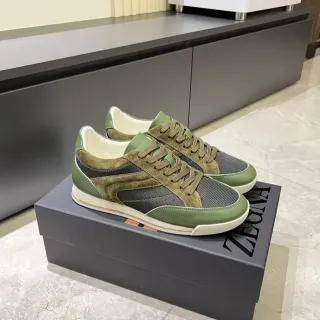 Zegna Olive Green Suede and Mesh Low-Top Lifestyle Sneakers