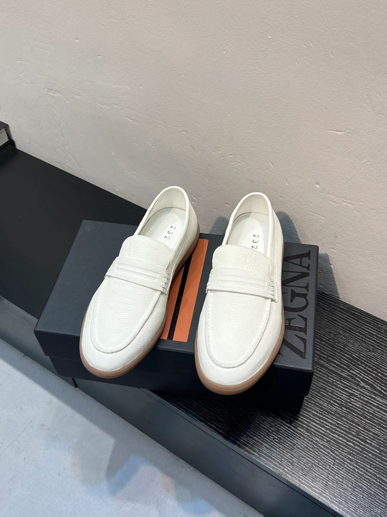 Zegna White Beige Pebbled Leather Penny Strap Loafer 2