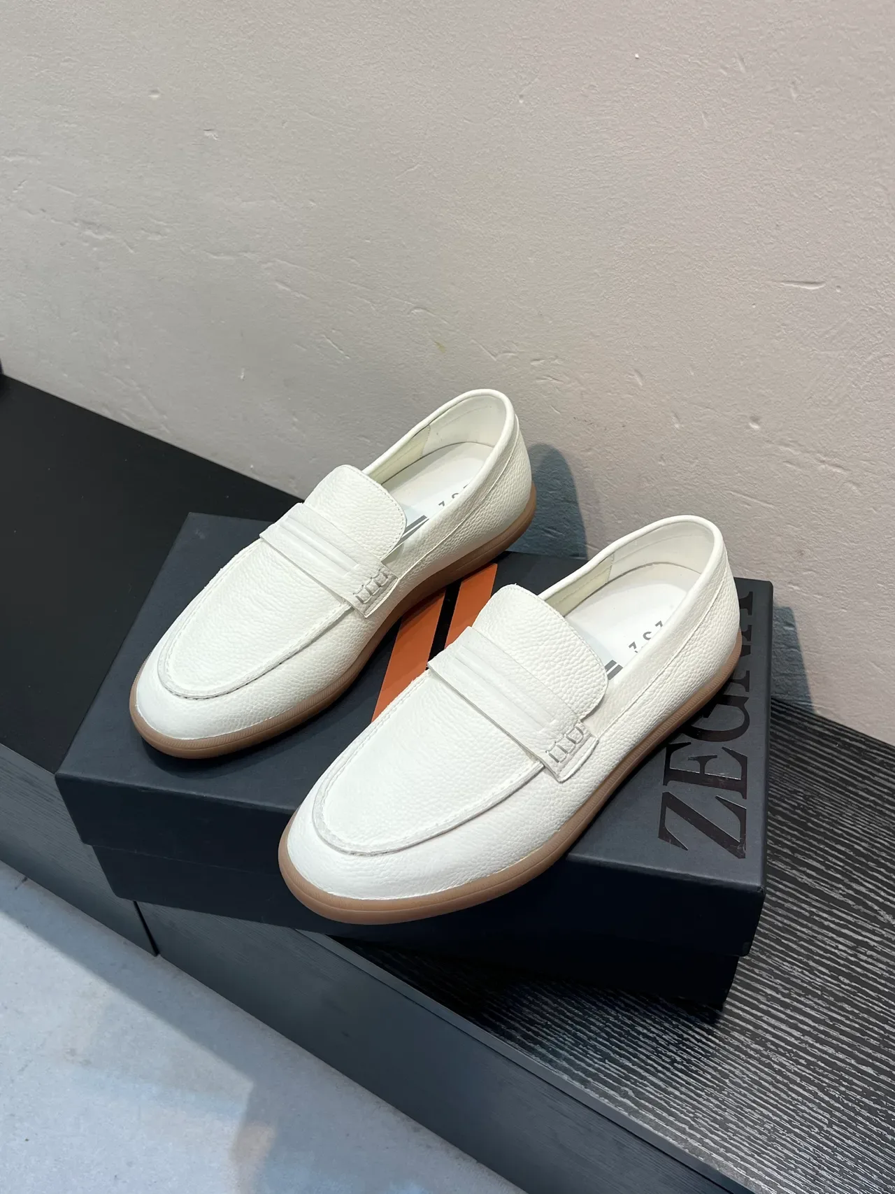 Zegna White Beige Pebbled Leather Penny Strap Loafer 3