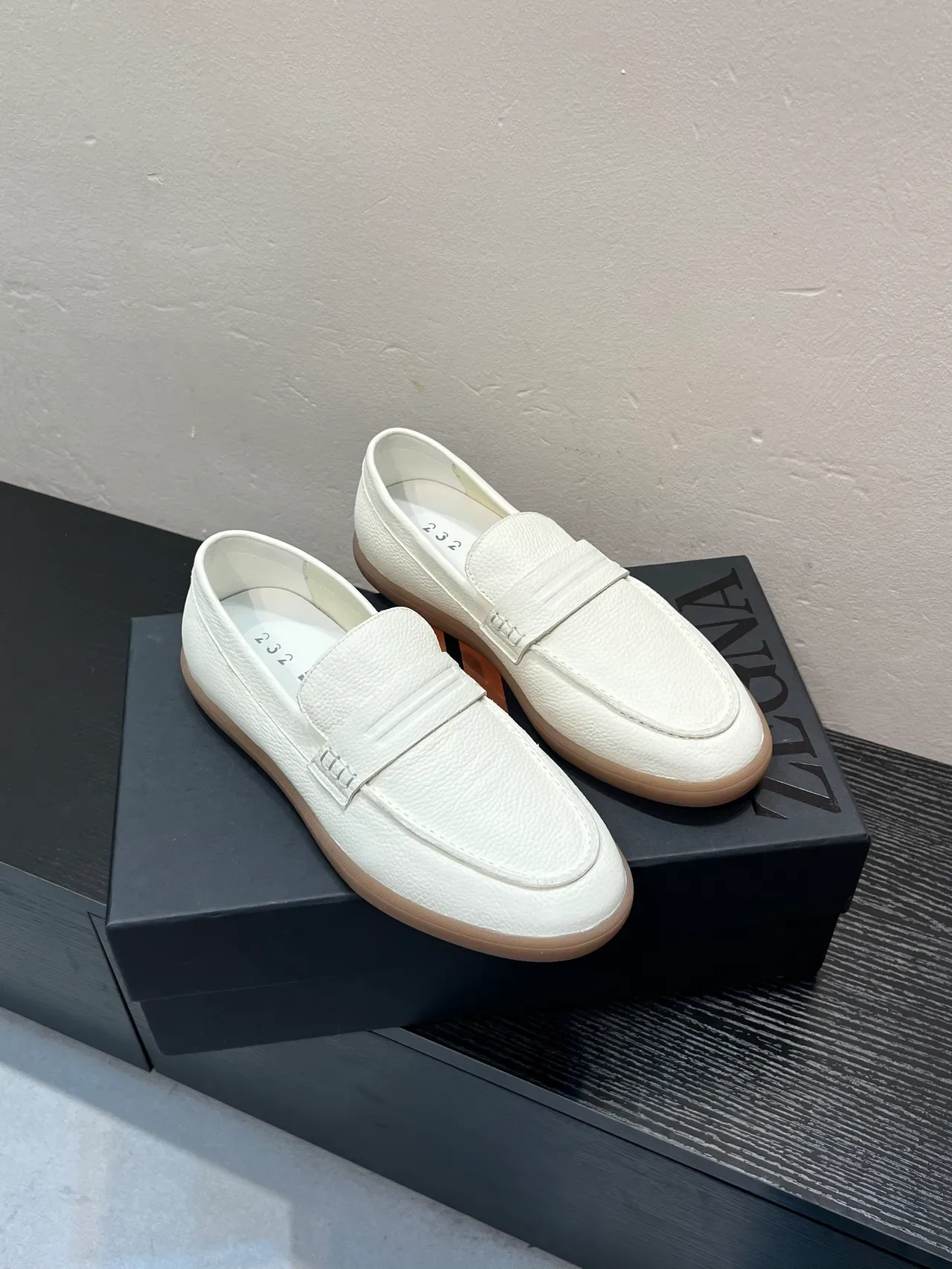 Zegna White Beige Pebbled Leather Penny Strap Loafer 4