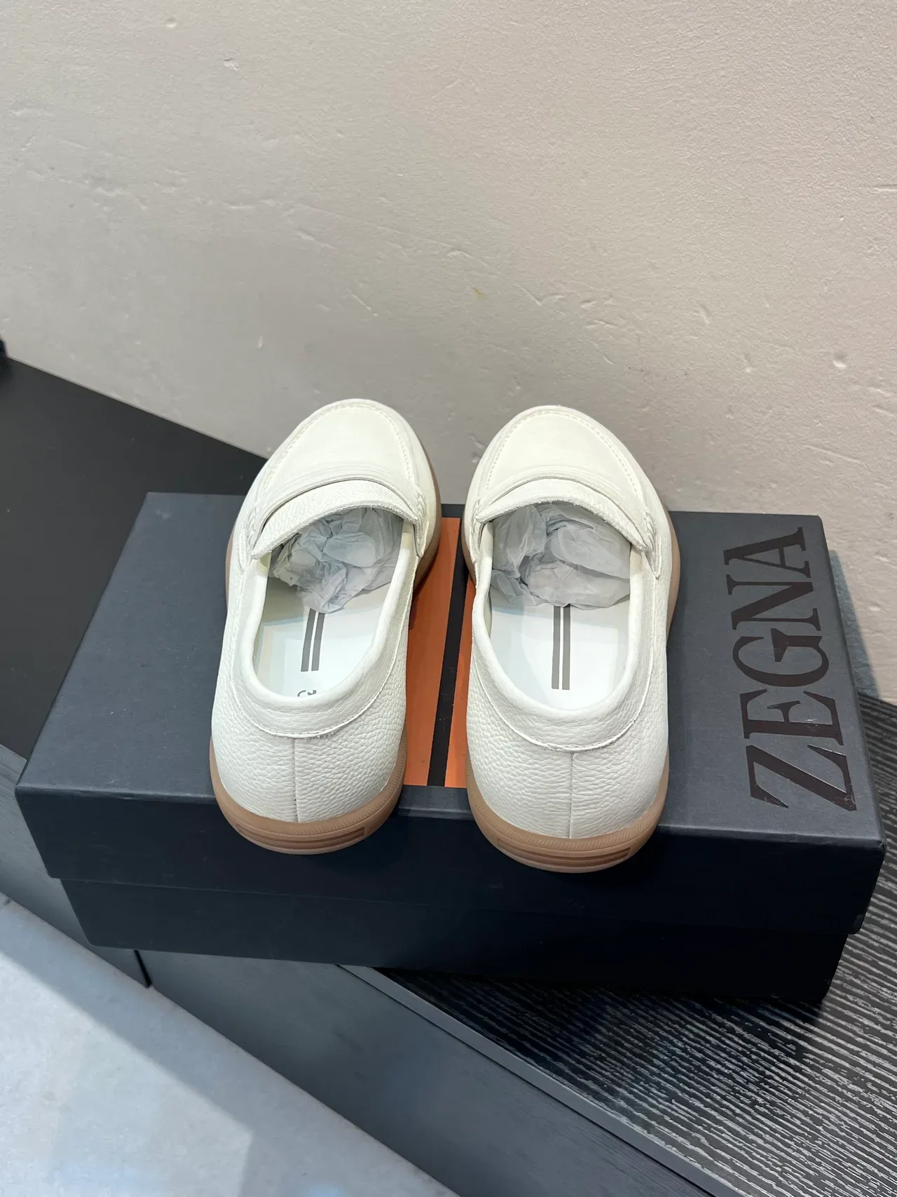 Zegna White Beige Pebbled Leather Penny Strap Loafer 5
