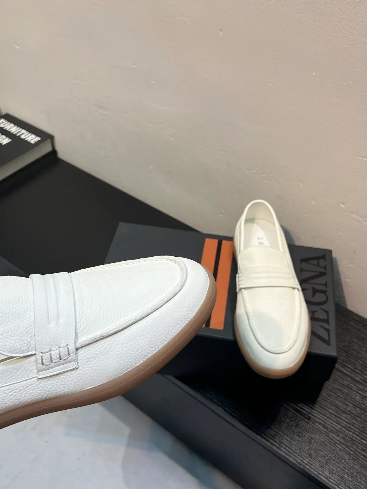 Zegna White Beige Pebbled Leather Penny Strap Loafer 6