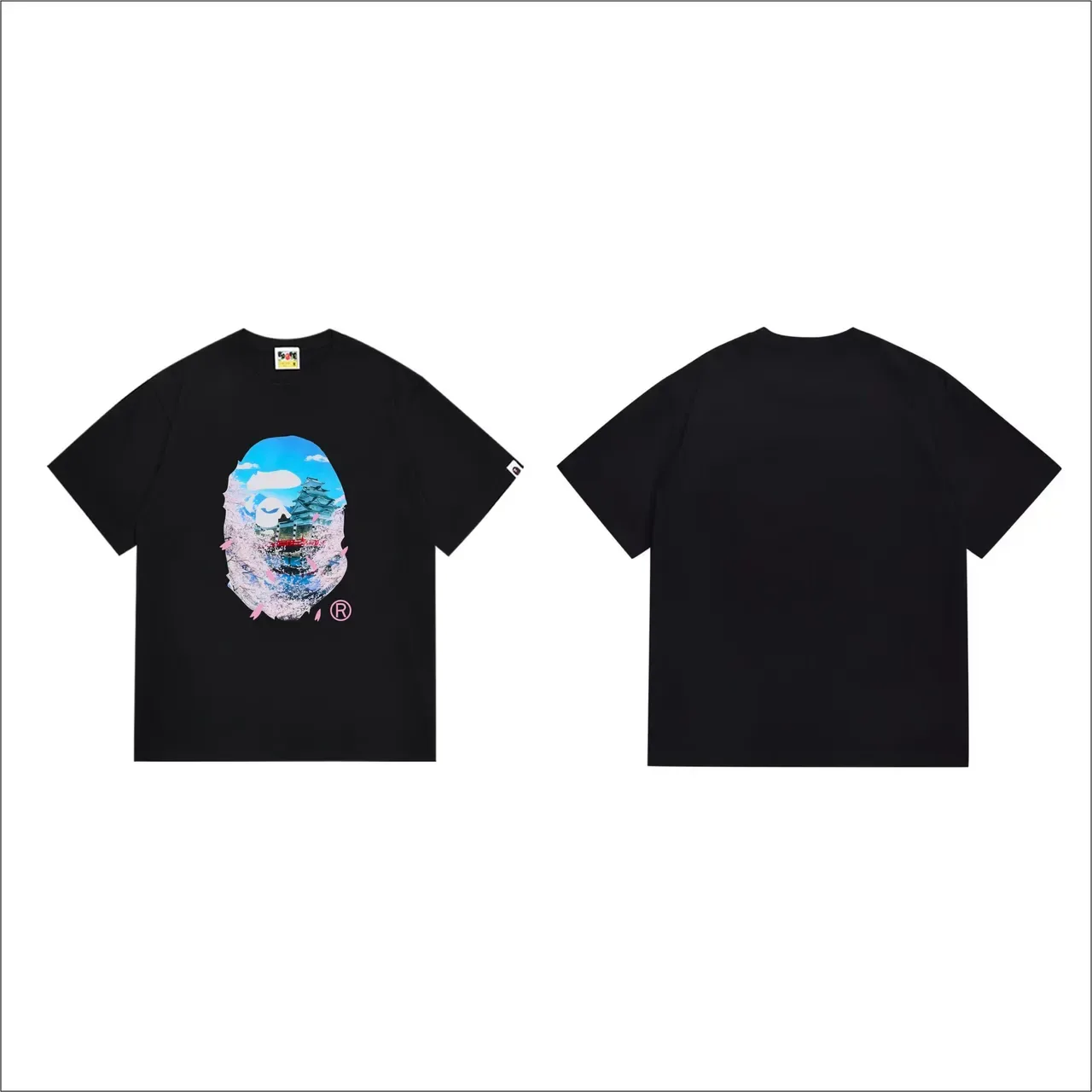 Camiseta A Bathing Ape negra y rosa con estampado gráfico de silueta 4