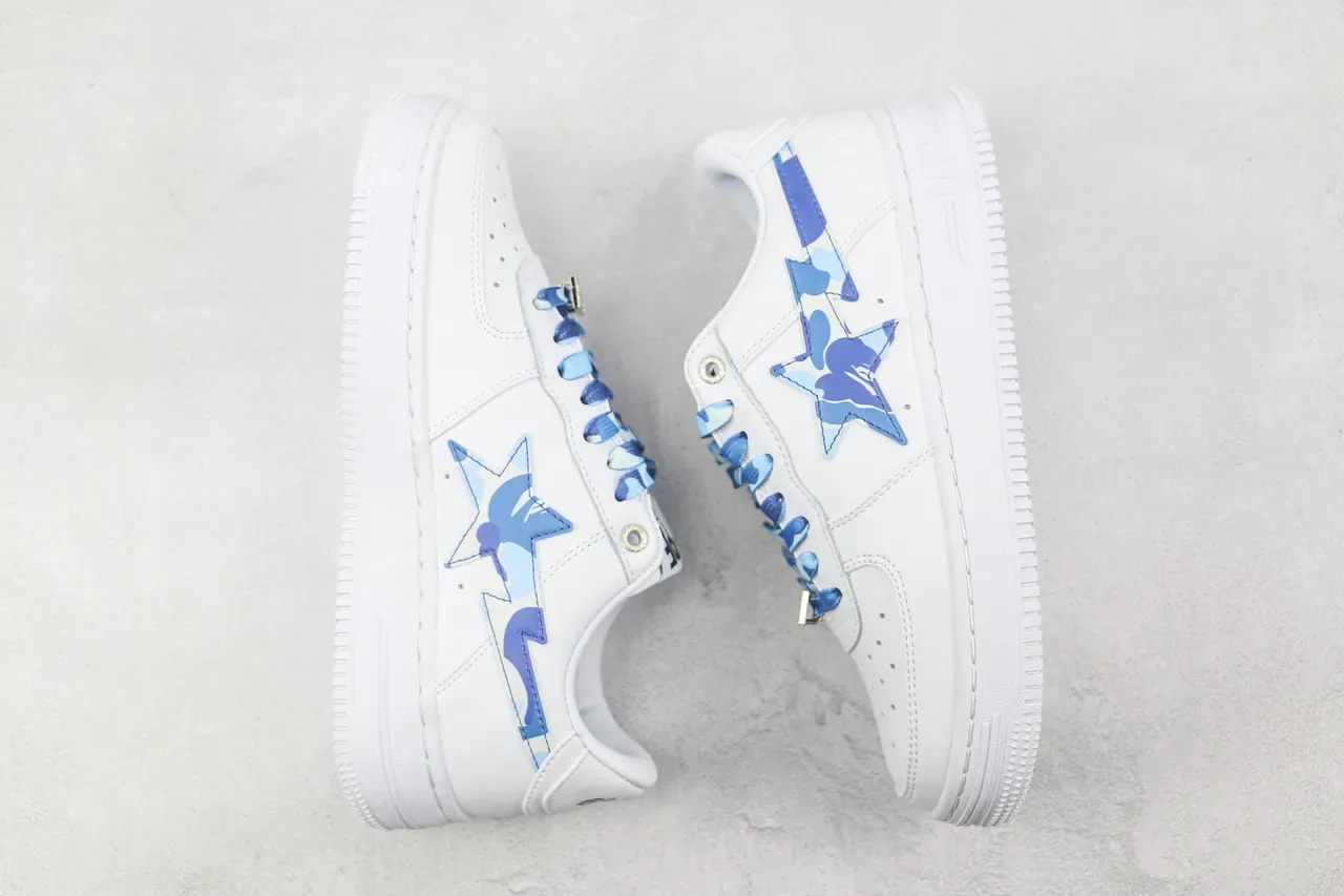 A Bathing Ape Brancos e Azuis Couro Superior Camo Logo Estrela Sneakers Lifestyle 2