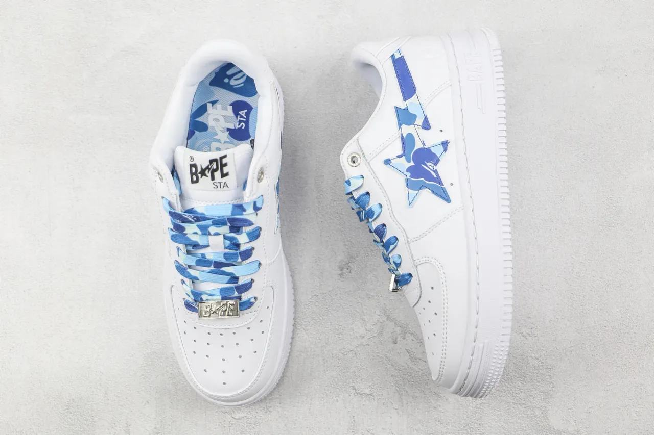 A Bathing Ape Brancos e Azuis Couro Superior Camo Logo Estrela Sneakers Lifestyle 3