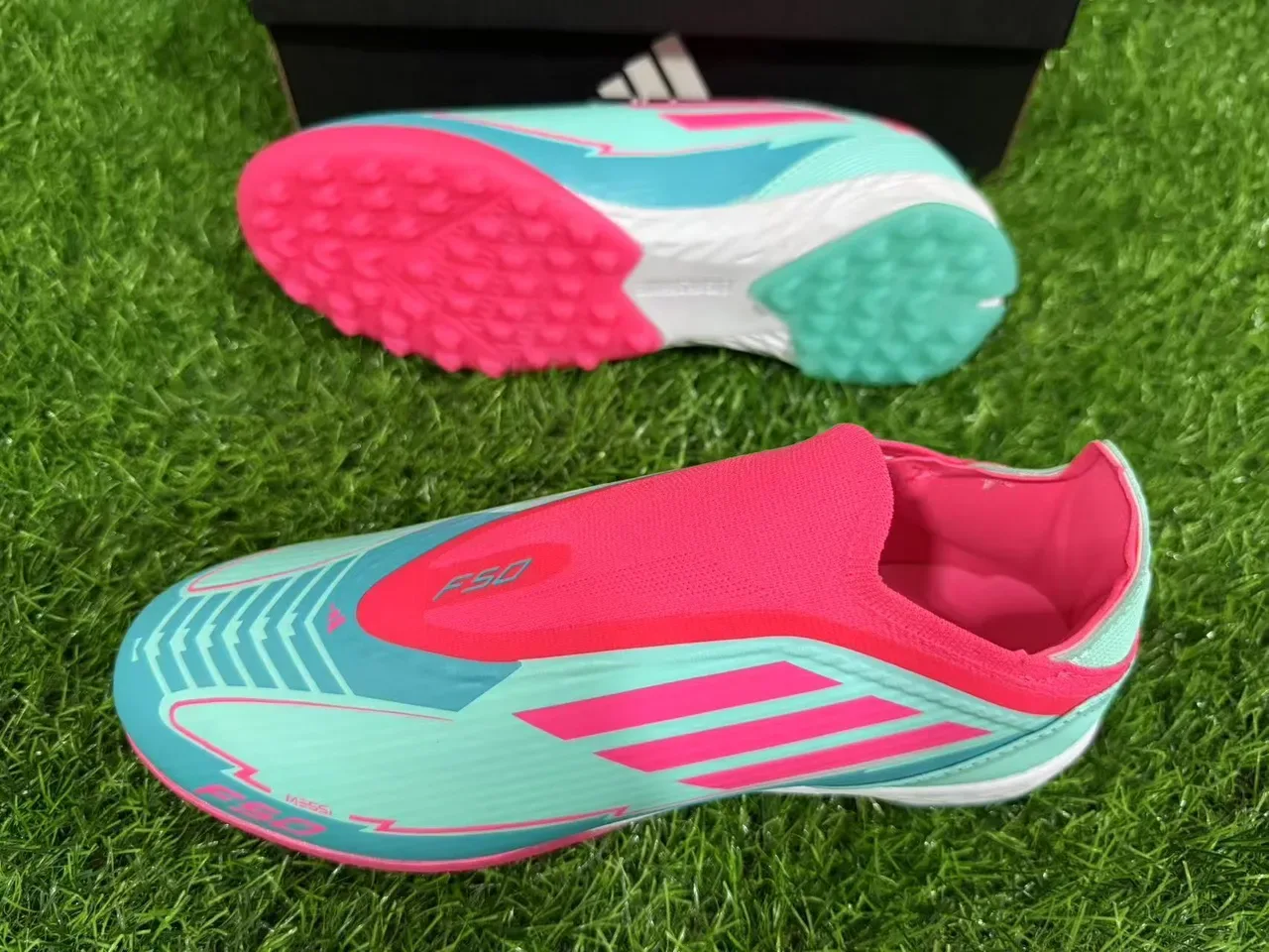 Adidas Blue Pink Sock-Fit Collar Molded Rubber Studs Turf Soccer Shoes 12