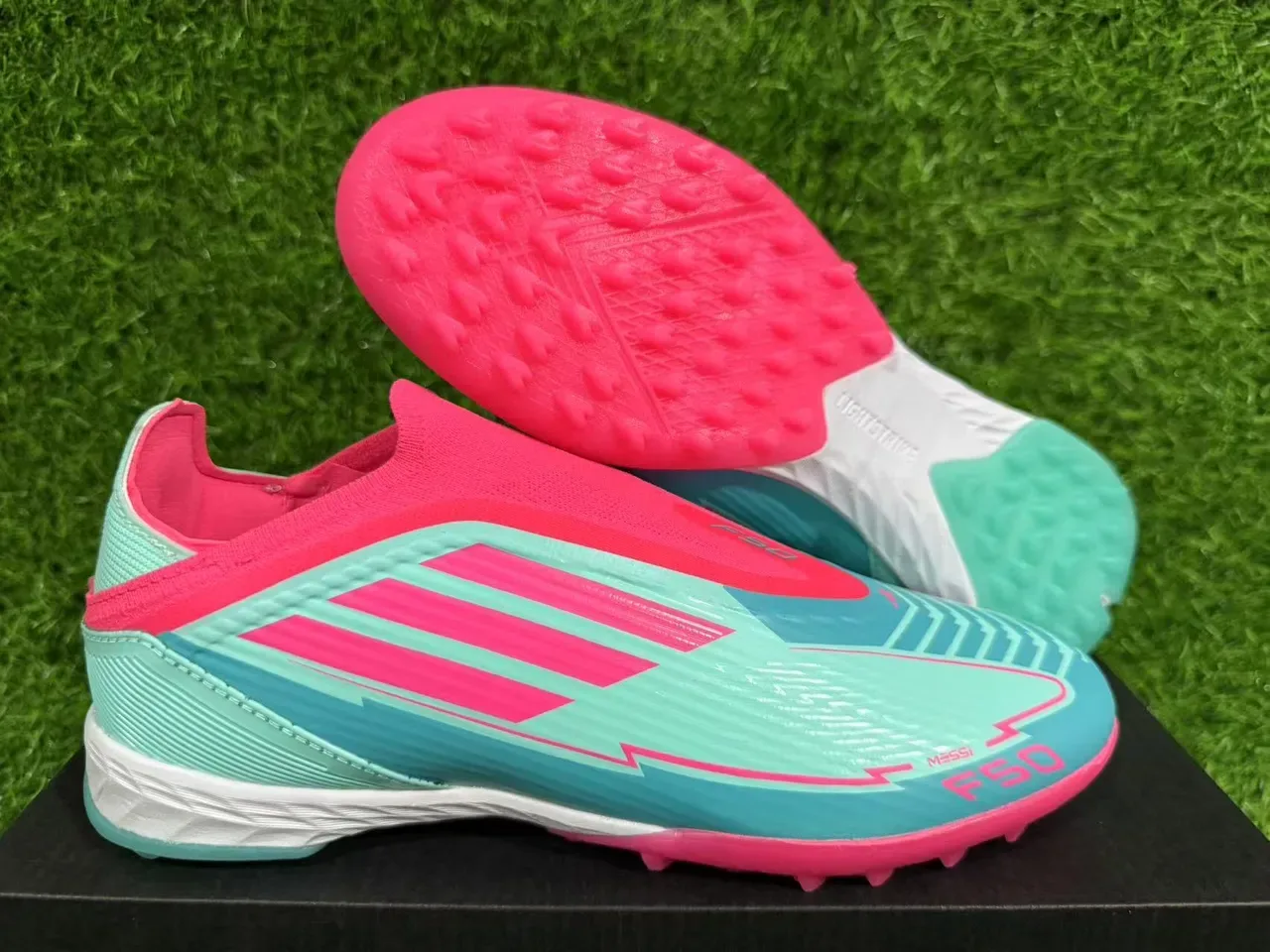 Adidas Blue Pink Sock-Fit Collar Molded Rubber Studs Turf Soccer Shoes 15