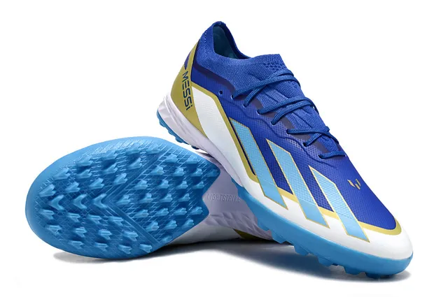 Adidas নীল হলুদ লো-কাট সিন্থেটিক উপর তিন স্ট্রাইপ সাইড প্যানেলিং আর্টিফিশিয়াল গ্রাস ফুটবল জুতা 4