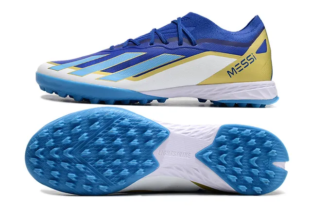 Adidas নীল হলুদ লো-কাট সিন্থেটিক উপর তিন স্ট্রাইপ সাইড প্যানেলিং আর্টিফিশিয়াল গ্রাস ফুটবল জুতা 6