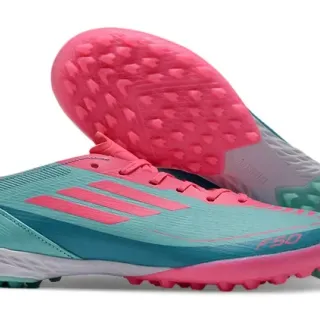 Adidas F50 Chuteira para gramado upper de malha leve azul rosa silhueta baixa