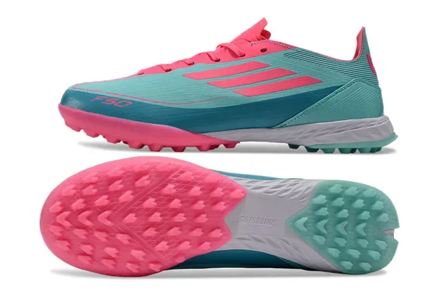 Adidas F50 Chaussures de football turf upper en maille légère bleu rose silhouette basse 5