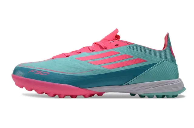 Adidas F50 Chaussures de football turf upper en maille légère bleu rose silhouette basse 8