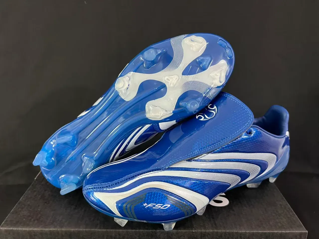 Adidas F50 Azul Branco Metálico Linha Ondulada Solo Firme Sapatos de Futebol 8