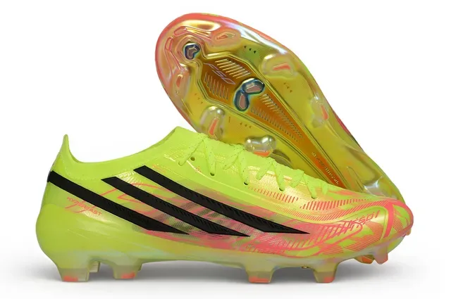 Adidas F50 নিওন হলুদ গোলাপি সিন্থেটিক আপার কালো থ্রি স্ট্রাইপ ফার্ম গ্রাউন্ড ফুটবল জুতো 7