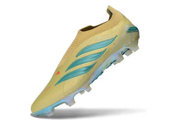 Adidas Predator Bege Azul Colar Ajuste de Meia Talão Iridescente Holográfico Solo Firme Sapatos de Futebol 3