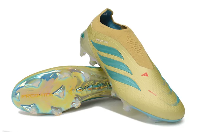 Adidas Predator Bege Azul Colar Ajuste de Meia Talão Iridescente Holográfico Solo Firme Sapatos de Futebol 4