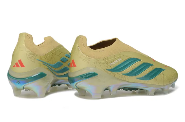Adidas Predator Bege Azul Colar Ajuste de Meia Talão Iridescente Holográfico Solo Firme Sapatos de Futebol 5