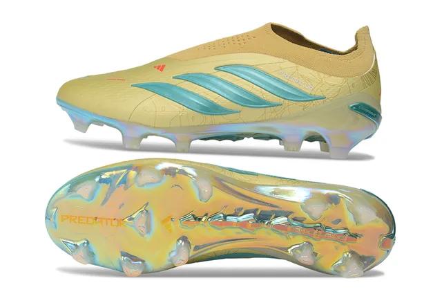 Adidas Predator Bege Azul Colar Ajuste de Meia Talão Iridescente Holográfico Solo Firme Sapatos de Futebol 6
