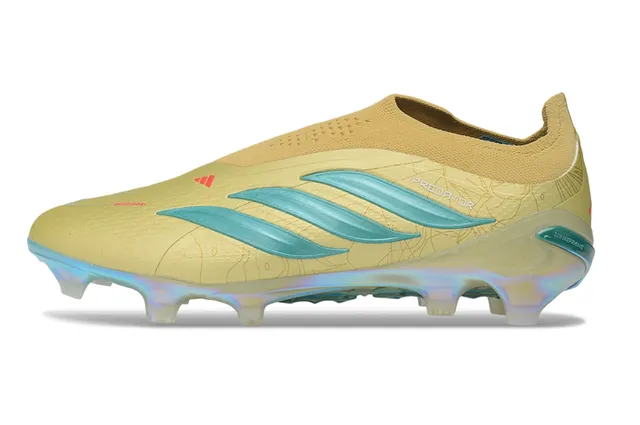 Adidas Predator Bege Azul Colar Ajuste de Meia Talão Iridescente Holográfico Solo Firme Sapatos de Futebol 7