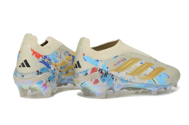 Adidas Predator Beige Multicolor Sans Lacets Parte Superior Iridescent Holographique Semelle Sol Firme Chaussures de Football 5