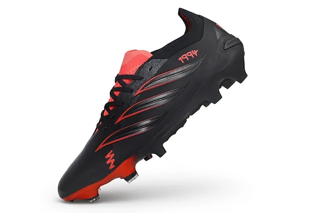 Adidas Predator Preto Vermelho Baixo Corte Botinha Colar Couro Sintético Superior Campo Firme Sapatos de Futebol 3