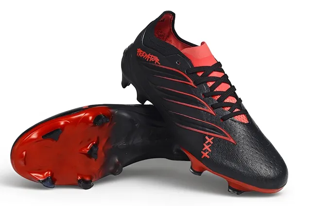Adidas Predator Preto Vermelho Baixo Corte Botinha Colar Couro Sintético Superior Campo Firme Sapatos de Futebol 4
