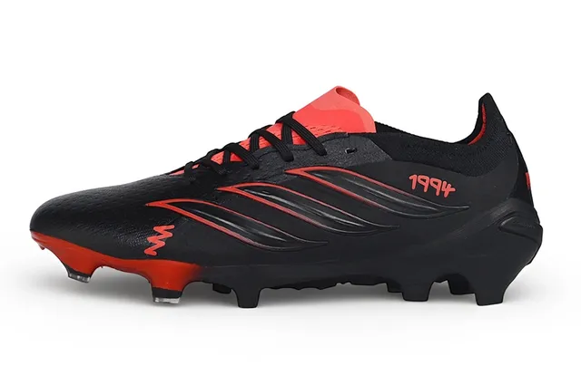 Adidas Predator Preto Vermelho Baixo Corte Botinha Colar Couro Sintético Superior Campo Firme Sapatos de Futebol 8