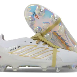 Adidas Predator Chaussures de football blanches dorées à lacets basses iridescentes holographiques avec semelle terrain ferme