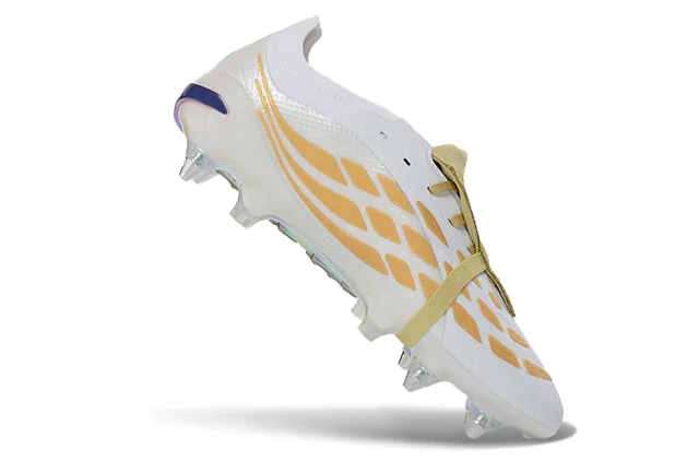 Adidas Predator Sapatos de futebol branco dourado de baixo corte com cadarço iridescente holográfico com sola de terreno firme 2