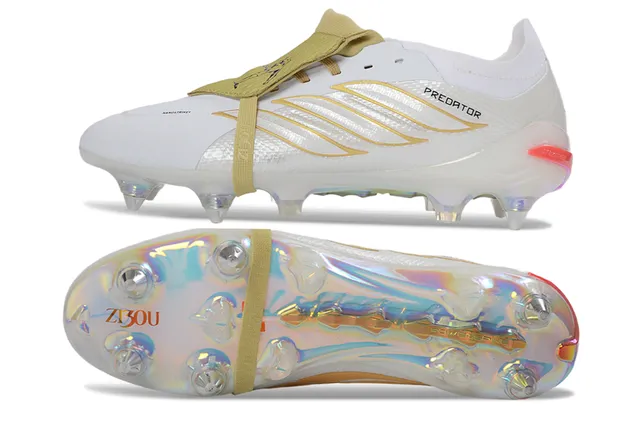 Adidas Predator Sapatos de futebol branco dourado de baixo corte com cadarço iridescente holográfico com sola de terreno firme 6