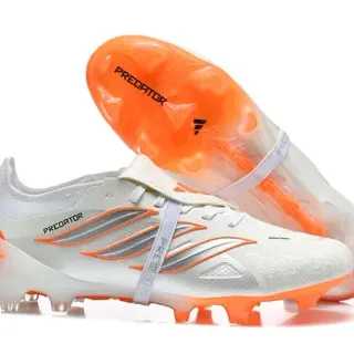 Adidas Predator Zapatos de fútbol blanco naranja de bajo corte con correa de cordones y bloqueo para terreno firme
