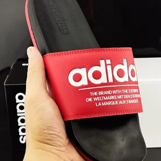 Adidas 红黑宽版品牌鞋带缝制鞋面拖鞋