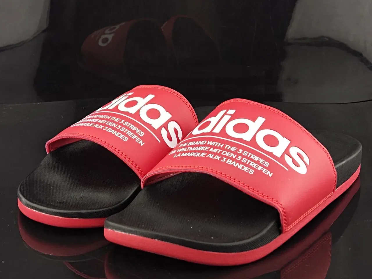 Adidas Red Black Wide Branded Strap Stitched Upper Slippers 2