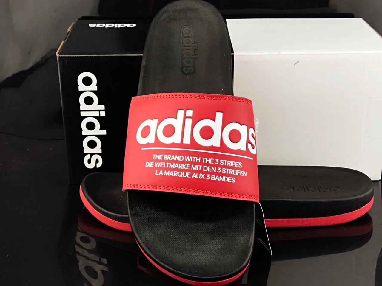 Adidas Red Black Wide Branded Strap Stitched Upper Slippers 3