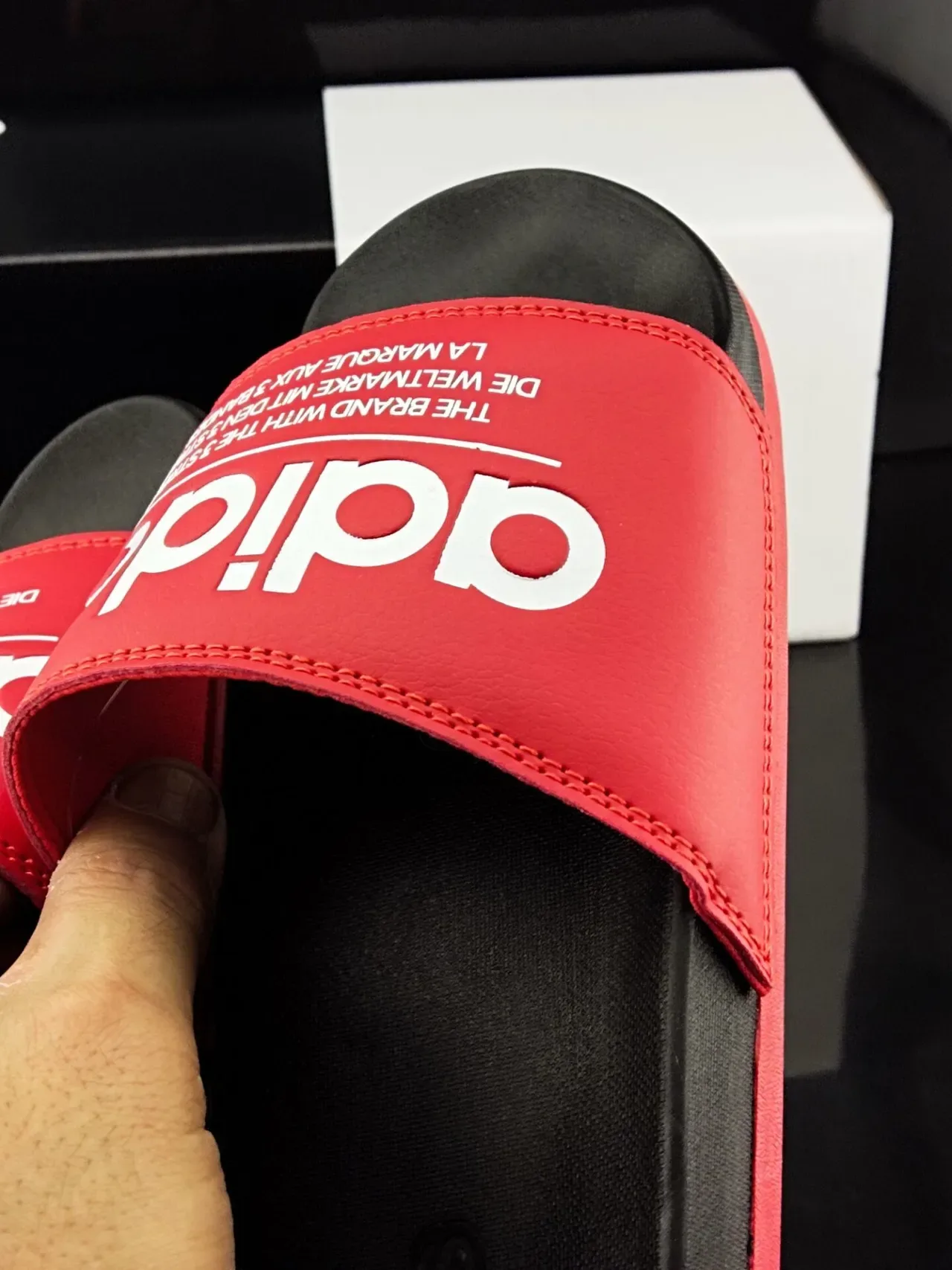Adidas Red Black Wide Branded Strap Stitched Upper Slippers 6