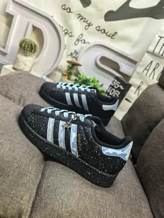 Adidas Superstar أسود أزرق Shell-Toe الجزء العلوي المتشقق أسلوب حياة Sneakers 7