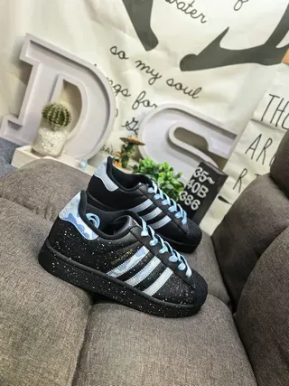 Adidas Superstar أسود أزرق Shell-Toe الجزء العلوي المتشقق أسلوب حياة Sneakers 9