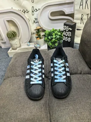 Adidas Superstar أسود أزرق Shell-Toe الجزء العلوي المتشقق أسلوب حياة Sneakers 10