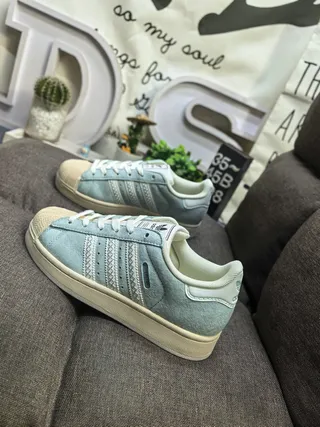 Adidas Superstar أحذية رياضية أسلوبية أزرق رمادي من الجلد المخملي 7