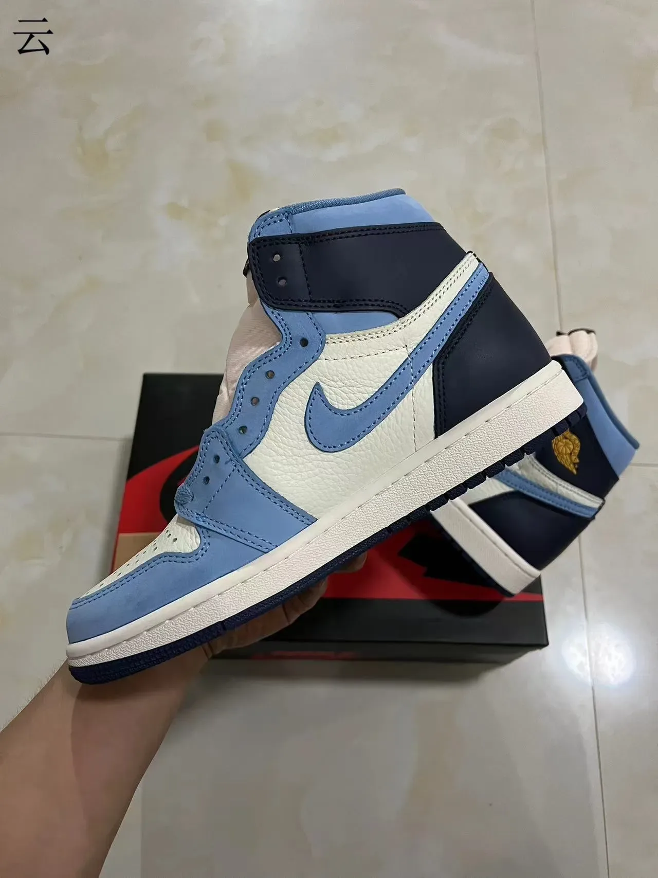 Air Jordan 1 High Light Blue Navy Off-White Basketball Shoes 4