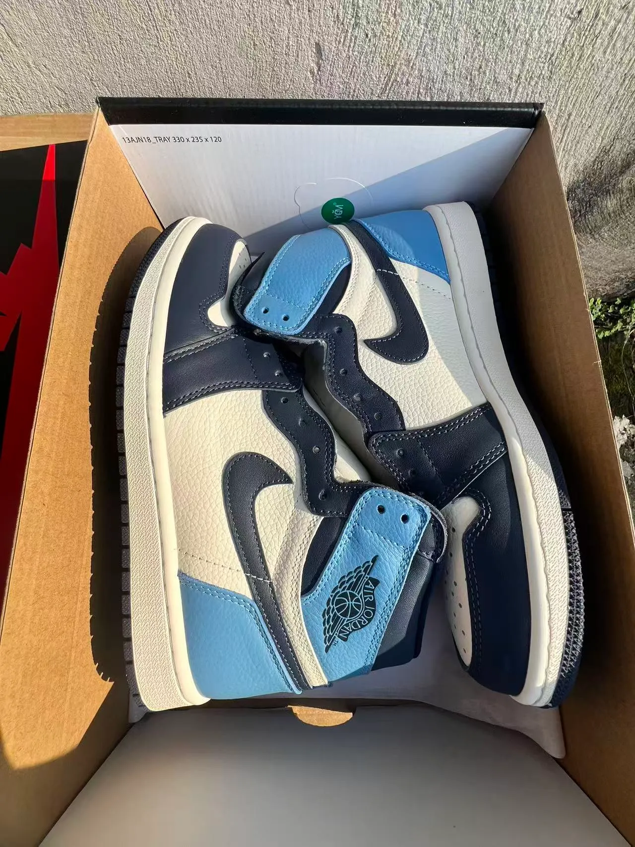 حذاء كرة السلة Air Jordan 1 عالي الرقبة بألواح جلدية باللونين الأبيض والأزرق 9