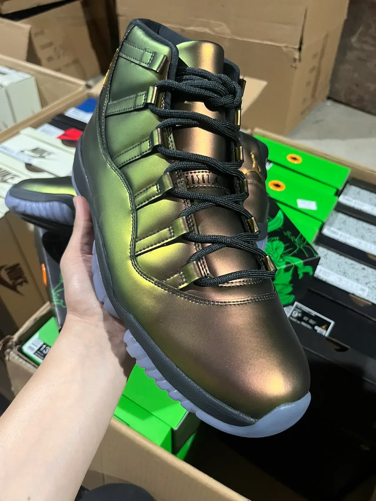 Air Jordan 11 Metallic Green-Gold High-Top Basketball Shoes 2