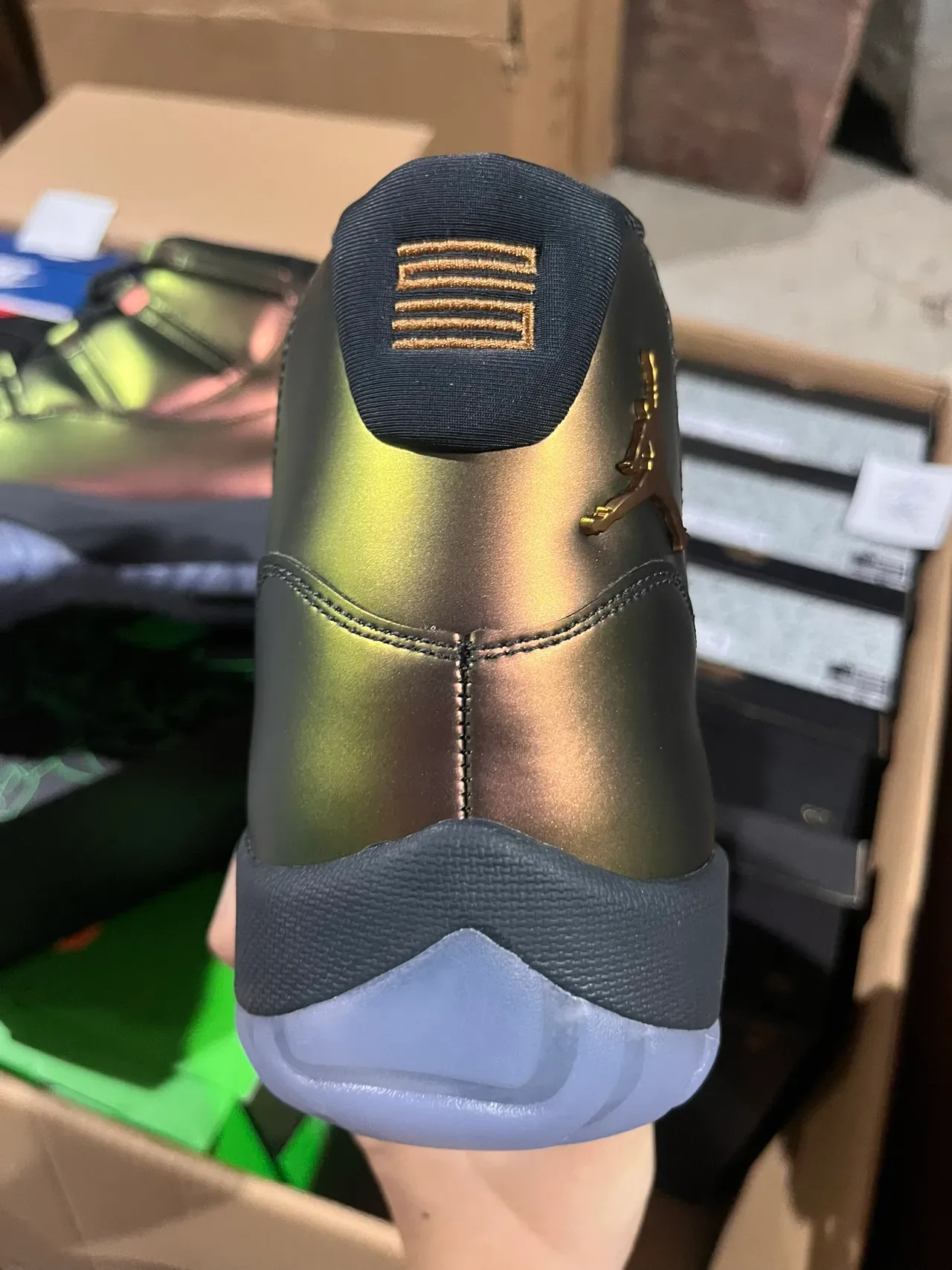 Air Jordan 11 Metallic Green-Gold High-Top Basketball Shoes 4