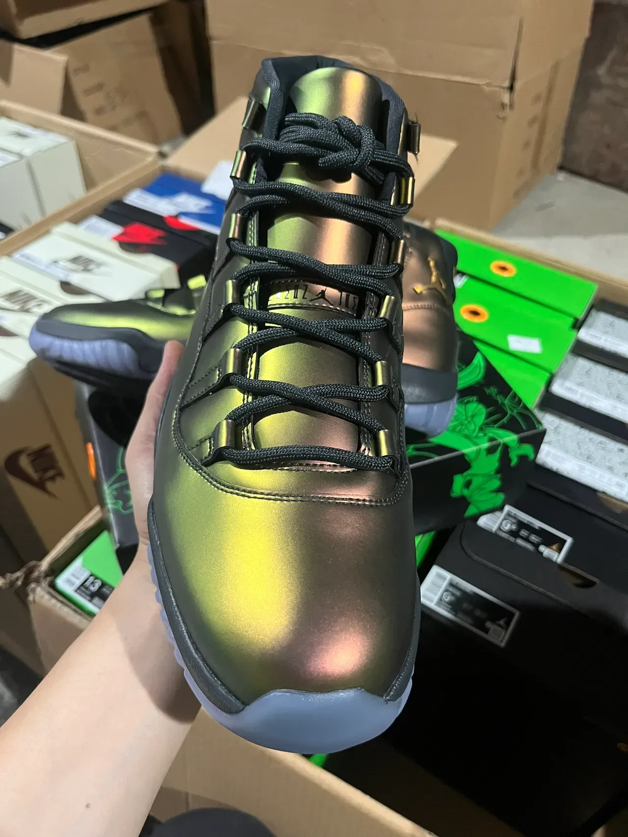 Air Jordan 11 Metallic Green-Gold High-Top Basketball Shoes 7