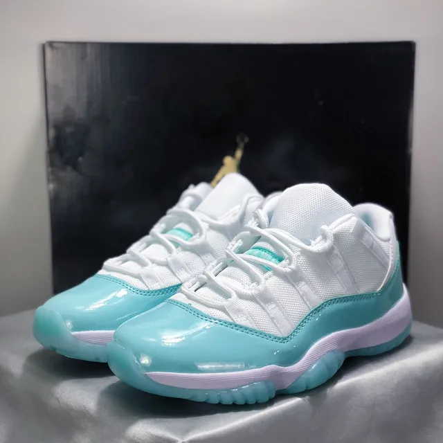 Air Jordan 11 أحذية كرة السلة جلد لامع أبيض فيروزي 2