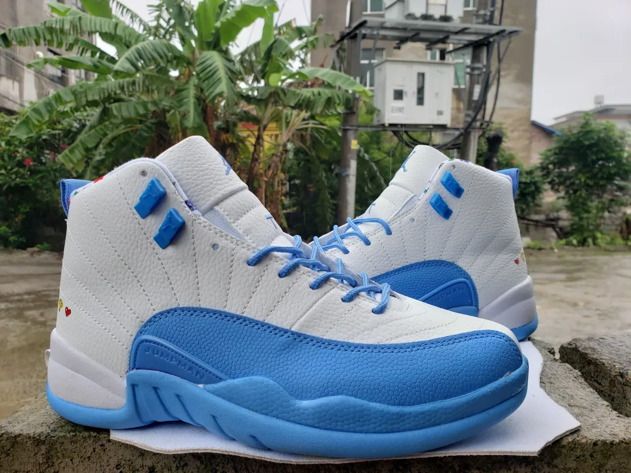 Air Jordan 12 White and Light Blue Yellow Outsole Basketball Shoes 2