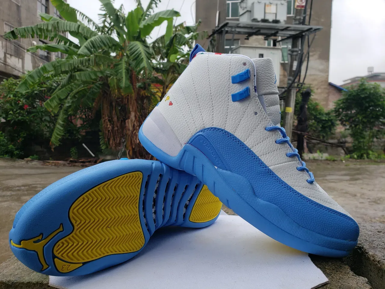 Air Jordan 12 White and Light Blue Yellow Outsole Basketball Shoes 3